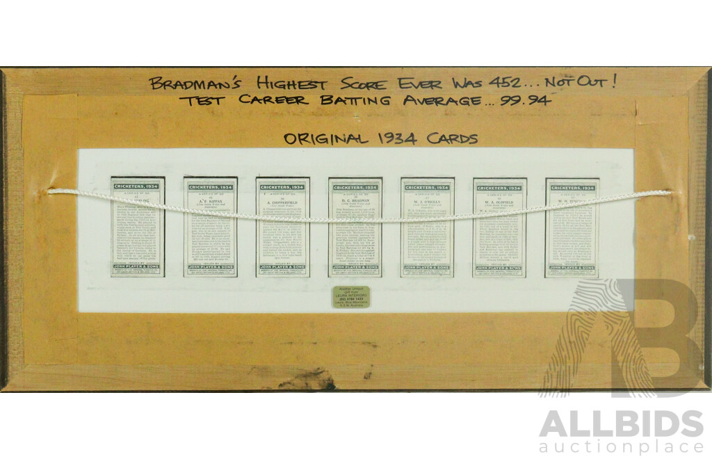 Absolutely Wonderful Selection of John Player & Sons Cigarette Cards Showcasing 1934 Australian Cricketers and Featuring Donald Bradman , 22 x 48 cm (frame)