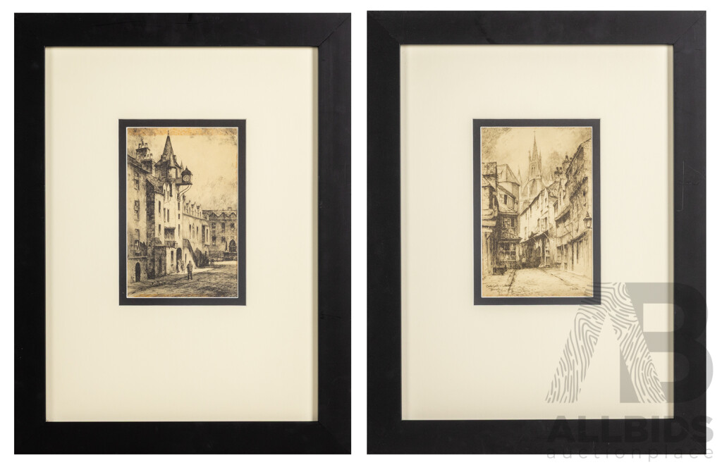 Featherstone Robson (19/20th Centuries, British, 1880-1936), Street Scene & Castle Garth & Cathedral [Newcastle on Tyne], Quality Vintage Prints After Original Etchings, 52 x 40 cm (frames) (2)