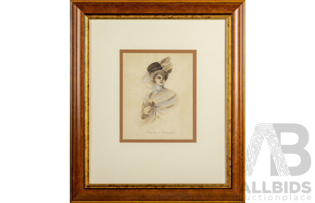 SM, (20th Century), Philip Boileau’s English Girl, Lovely Vintage Original Watercolour, 57 x 50 cm (frame)