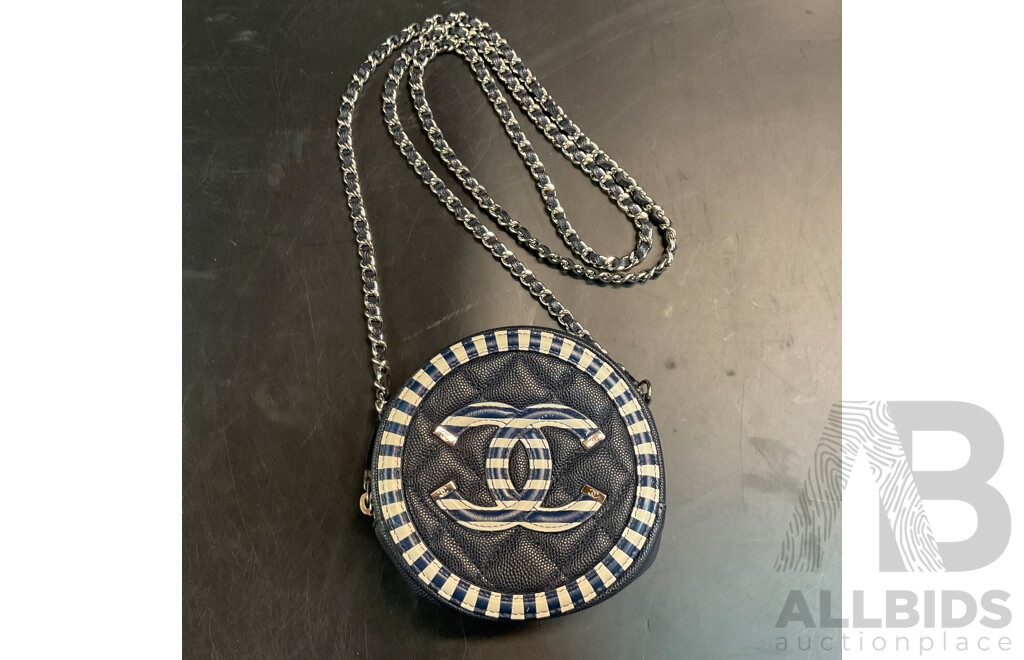 Blue Caviar Striped Round Crossbody Bag  Branded Chanel