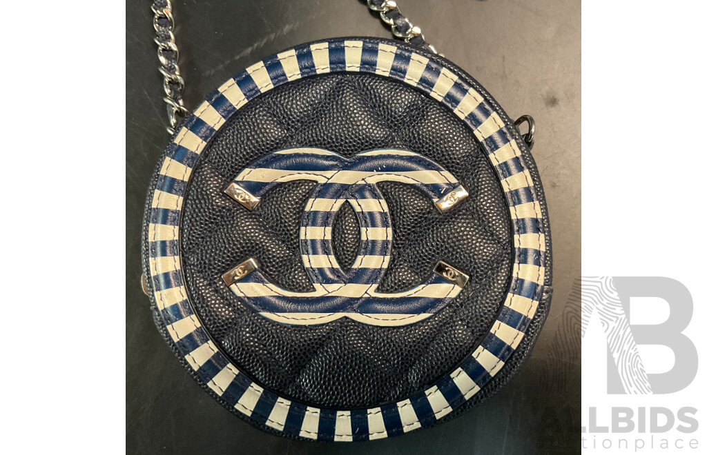 Blue Caviar Striped Round Crossbody Bag  Branded Chanel