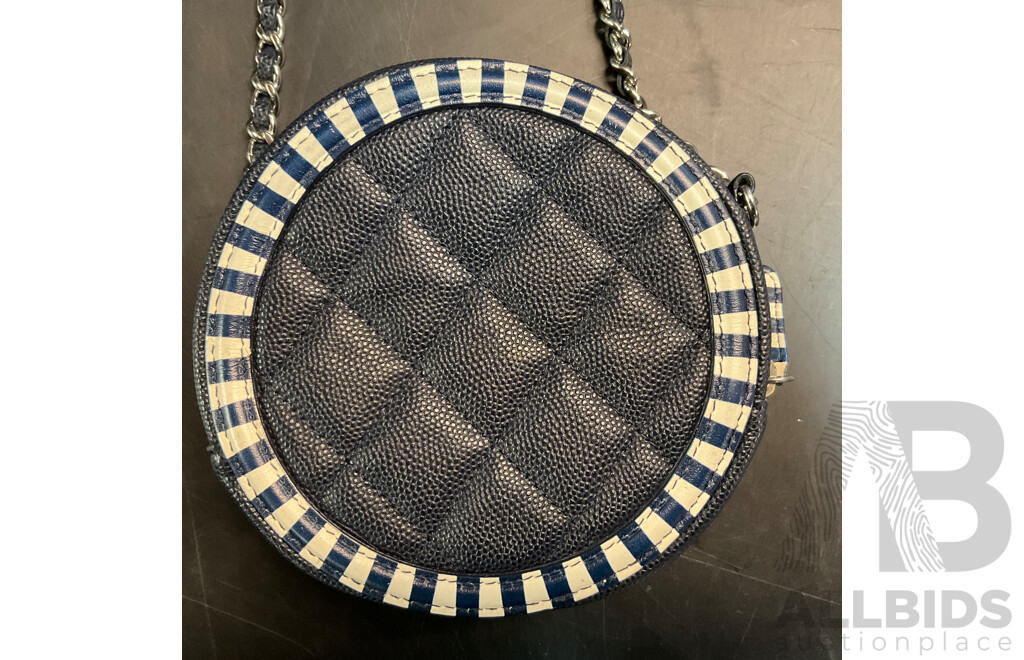 Blue Caviar Striped Round Crossbody Bag  Branded Chanel