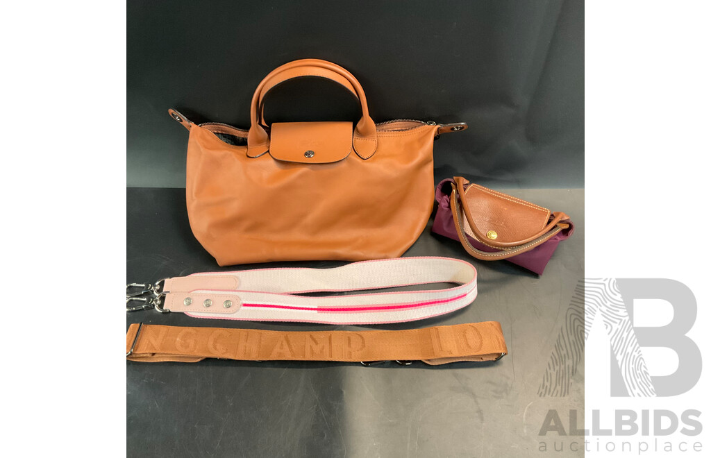 Modele Depose Leather Bag and Mini Purple Handbag with Two Straps Branded Longchamp