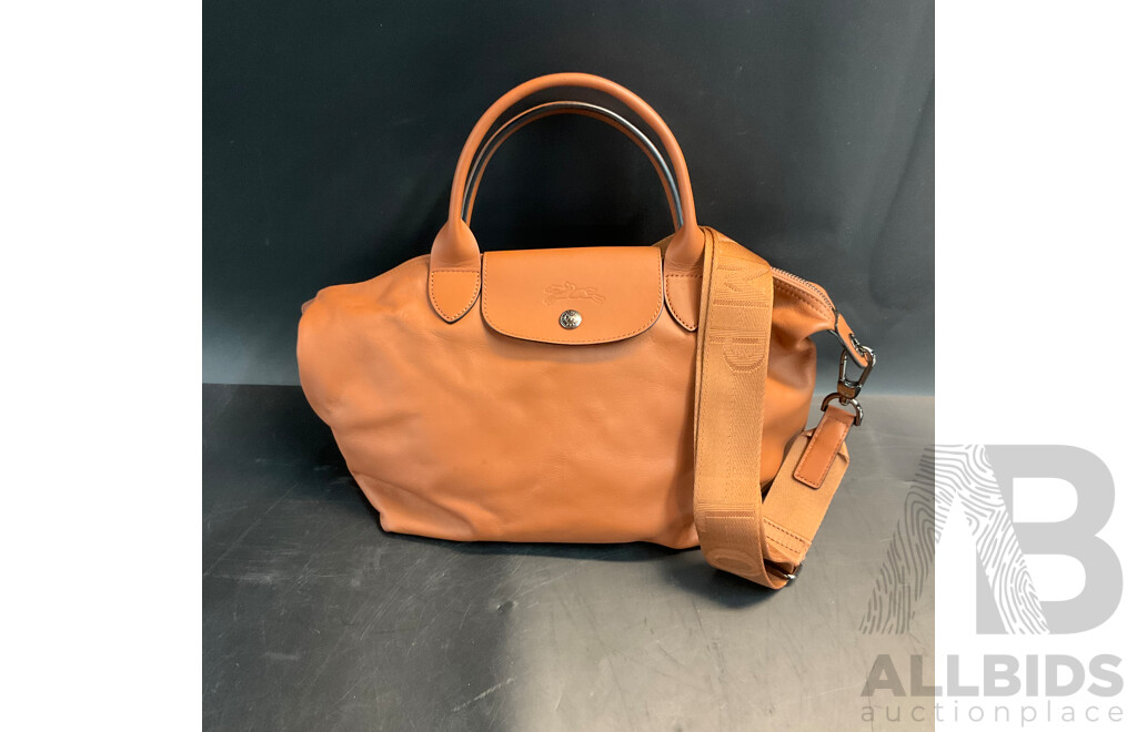 Modele Depose Leather Bag and Mini Purple Handbag with Two Straps Branded Longchamp