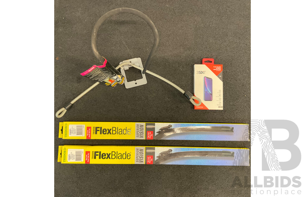 TRIDON FlexBlade Windscreen Wipers (x2),Bike Storage Hook and 3SIXT Flat Glass Screen Protector   - Lot of 4