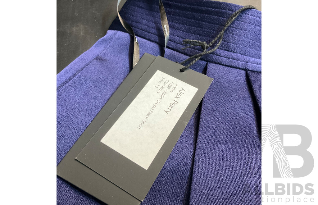 Satin Crepe Pleat Short - Navy - Size 16 Branded Alex Perry