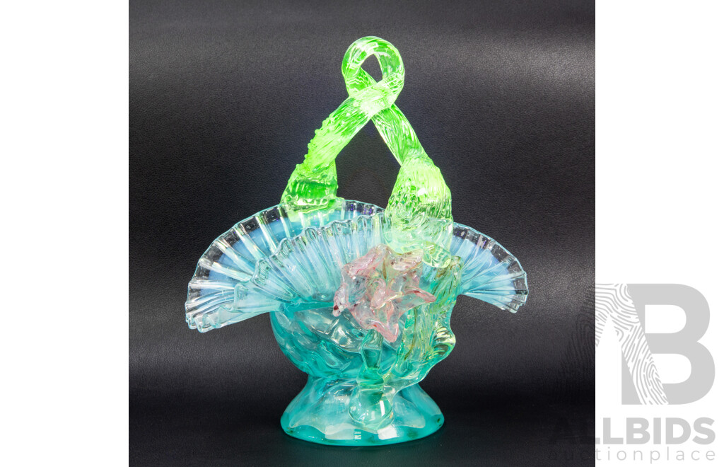 Antique Vaseline Uranium Glass Basket with Ruffle Edge and Floral Design