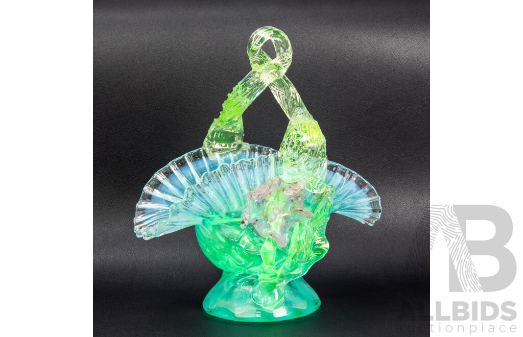 Antique Vaseline Uranium Glass Basket with Ruffle Edge and Floral Design