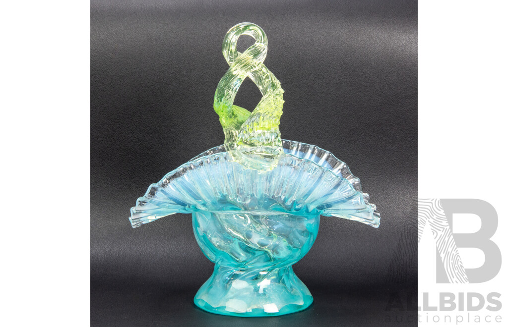 Antique Vaseline Uranium Glass Basket with Ruffle Edge and Floral Design
