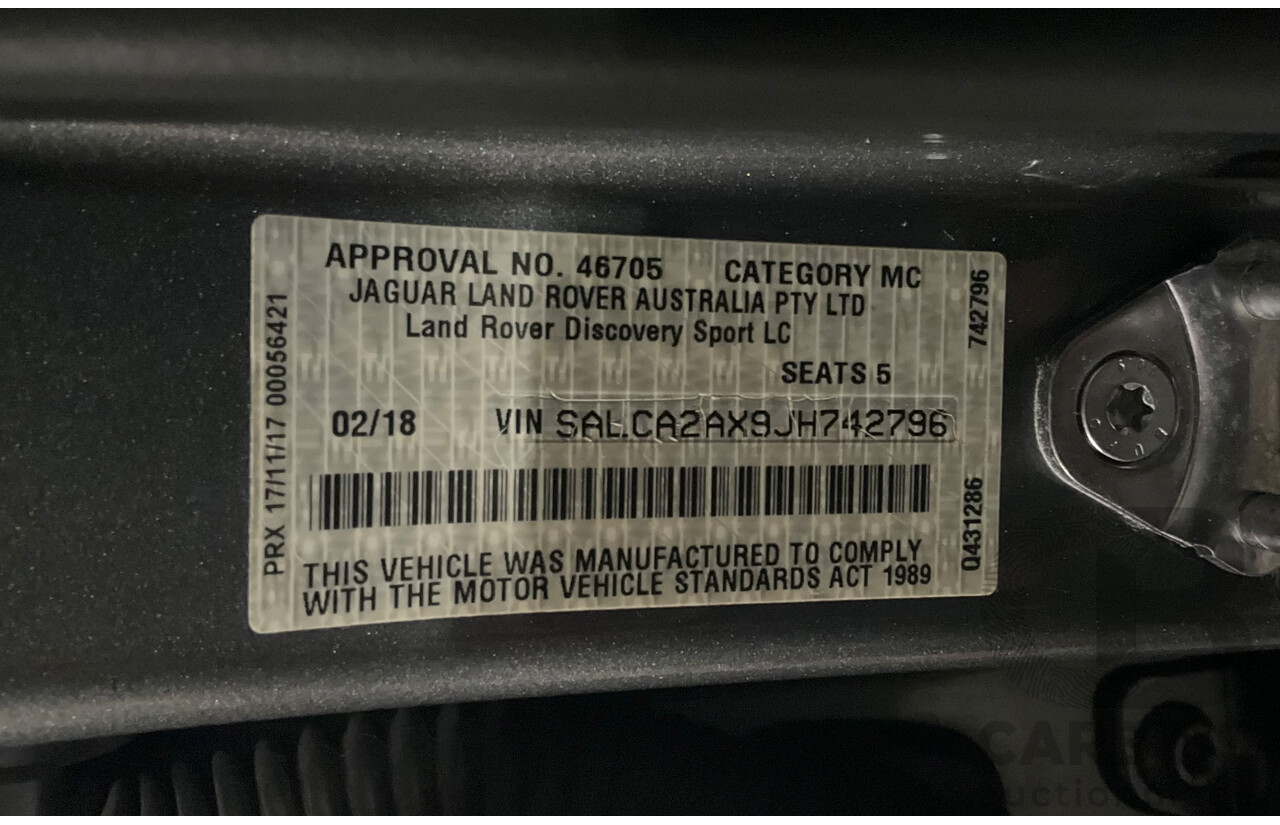02/2018 Land Rover Discovery Sport Si4 SE Dynamic Design Pack (177kW AWD) 5 Seat L550 MY18 4D Wagon Corris Grey Metallic/ Santorini Black Roof Turbo 2.0L