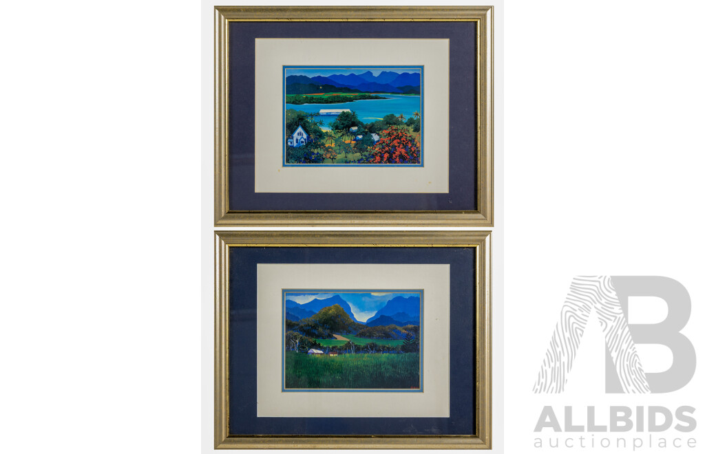 Tania Heben (20th Century, Australian), Canefields [Mossman, QLD] & a View From the Hill [Port Douglas], Pair of Coloured Prints After Original Oils, 29 x 36 cm (frames) (2)