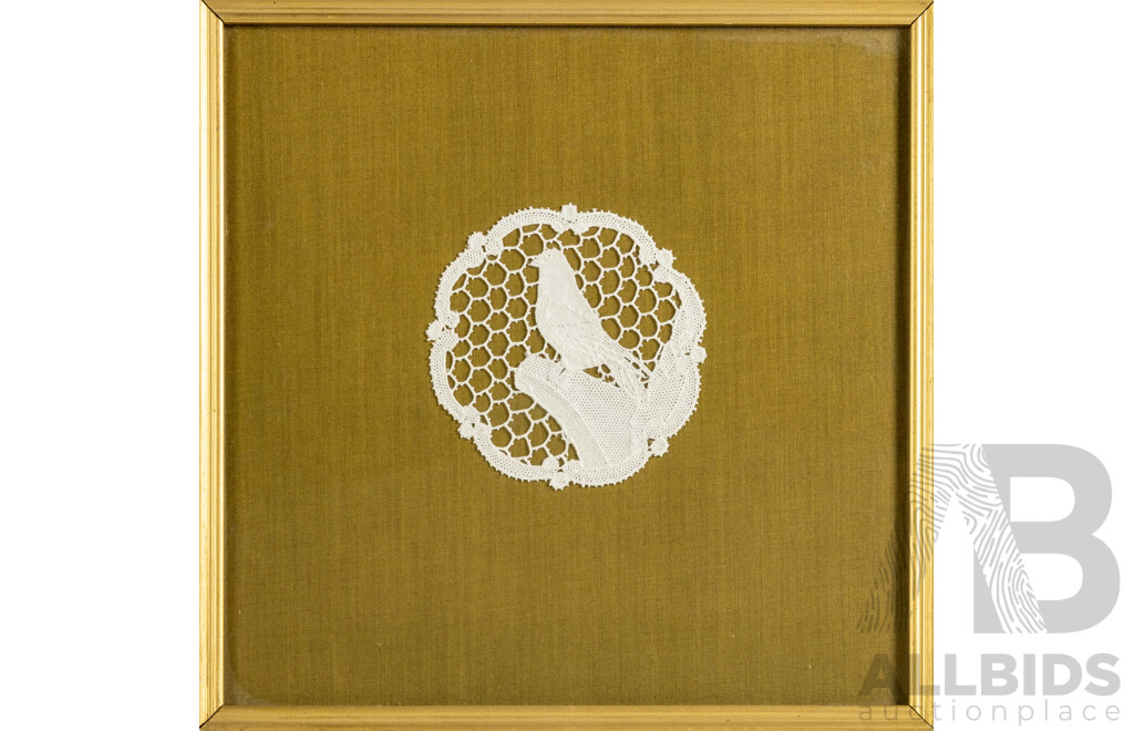 Artist Unknown, (Early 20th Century), Song Bird, Italian Cantù Bobbin Hand-Made Lace Panel, Framed Under Glass, 32 x 32 cm (frame)