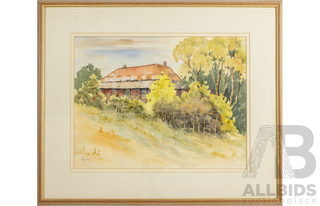 Gwen Robertson (20th Century, Australian), Home on the Hill, Lovely Original Vintage Watercolour, 58 X 70 Cm (frame)