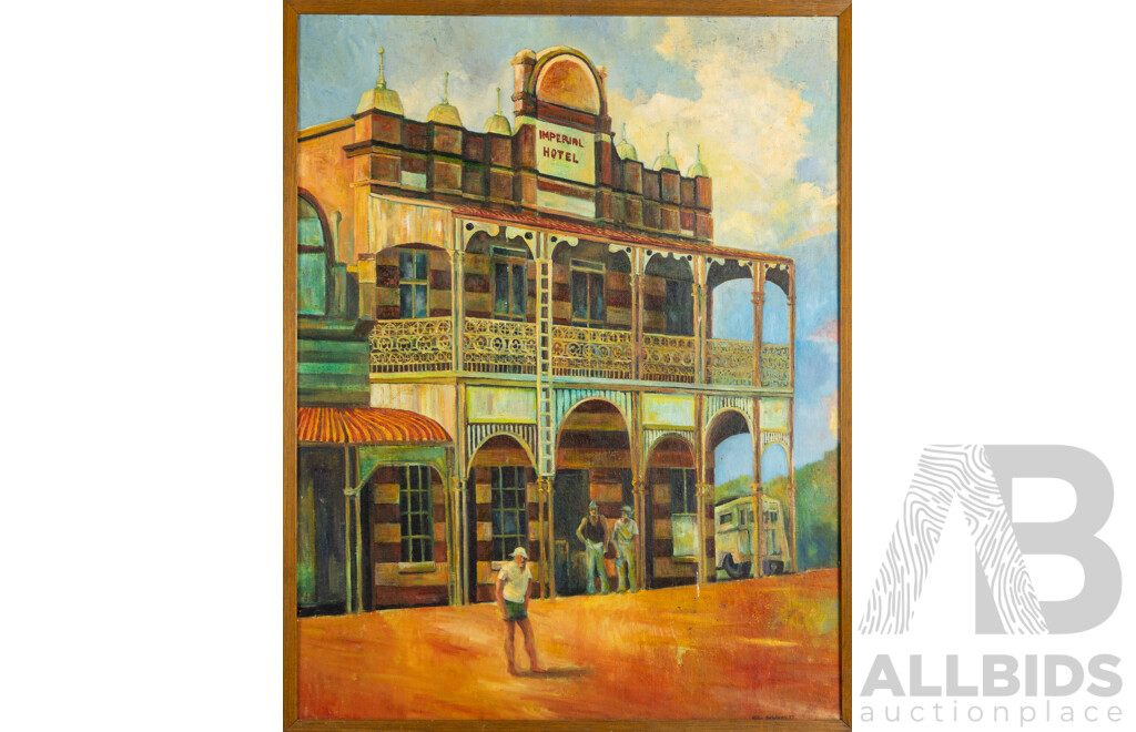 Noel Burrows, (20th Century, Australian, Working c1960-70s), Imperial Charters Towers (1977), Wonderful Original Oil on Canvas Cloth Mounted to Board, 92 x 72 cm (frame)