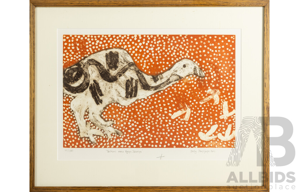 Darby Jampajinpa Ross, (20th Century, Indigenous Australian, 1905-2005), Yankirri Manu Ngapa Jukurrpa [Emu and Water Jukurrpa], Signed & Editioned Screenprint, 55 x 69 cm (frame)