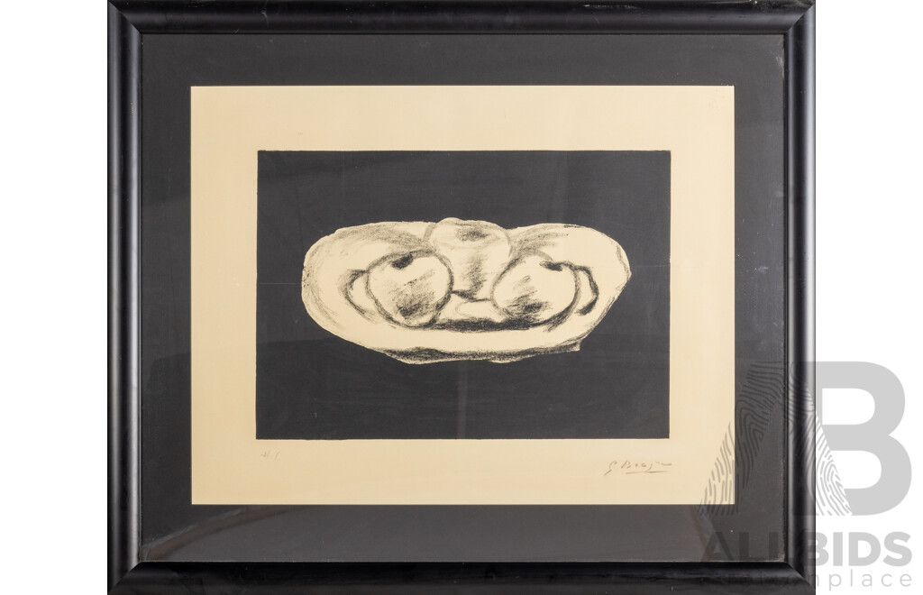 Georges Braque, (20th Century, French, 1882-1963), Pommes sur fond noir [Apples on a Black Background], Editioned & Signed Lithograph on Wove Paper, 74 x 88 cm (frame)
