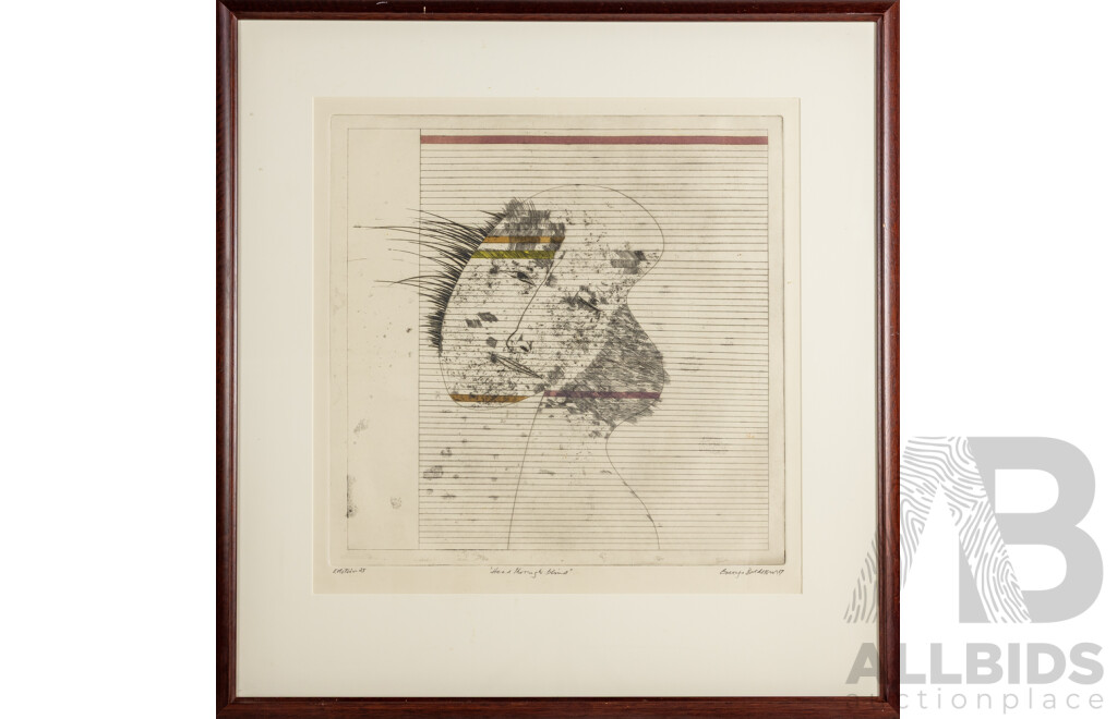George Baldessin, (20th Century, Italian-Born Australian, 1939-1978), Head Through Blind (1967), Intaglio Colour Etching, Aquatint with Embossing, 80 x 78 cm (frame)