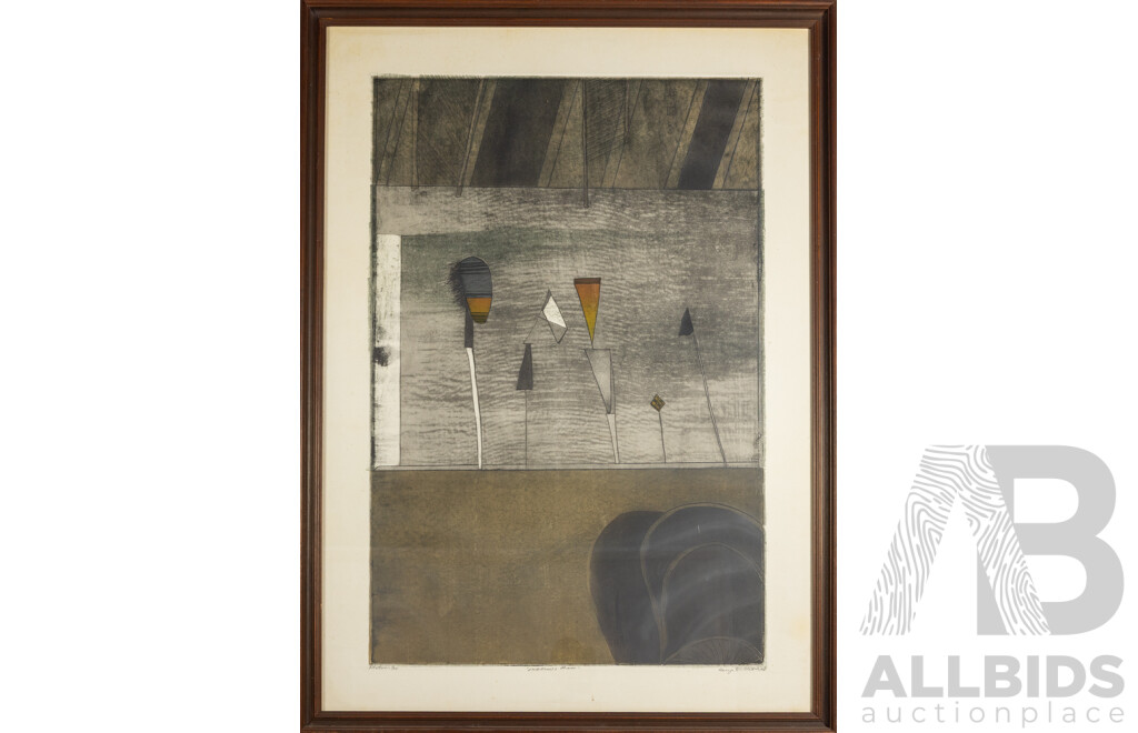 George Baldessin (20th Century, Italian-Born Australian, 1939-1978), Emblems & Chair (1974), Wonderful Original Signed & Editioned Aquatint Etching, 104 x 83 cm (frame)