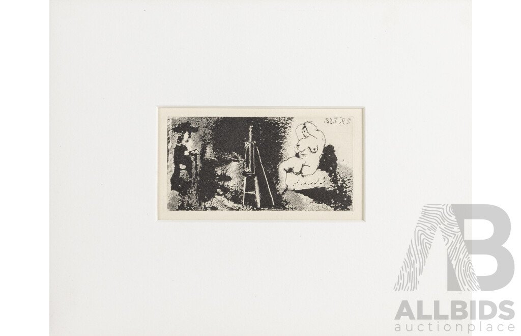Pablo Picasso, (19/20th Centuries, Spanish-Born French, 1881-1973), Painter, Model & Visitor, (1968-69), Etching, 6 x 12 cm (image)