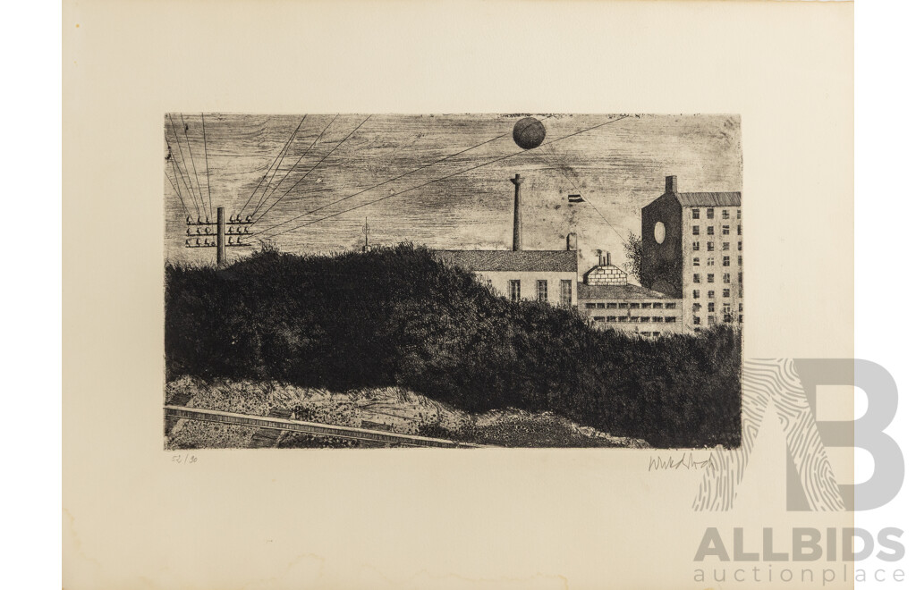 Paul Wunderlich, (20th Century, German, 1927–2010), Train Tracks, Original Vintage Editioned & Signed Etching, 44 x 59 cm (frame)