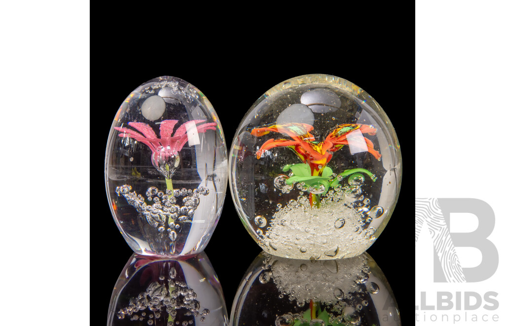 Vintage Daum Art Glass Paperweight with Central Daisy and Another