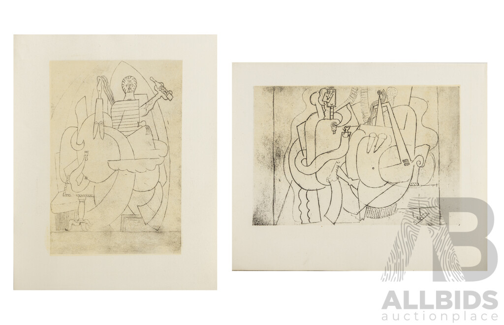 Pablo Picasso (19/20th Centuries, Spanish, 1881-1973), Card Players at Table & Untitled, Pair of Miniature Vintage Unsigned Lithographic Prints, 21 x 26 & 26 x 21 cm (sheets) (2)