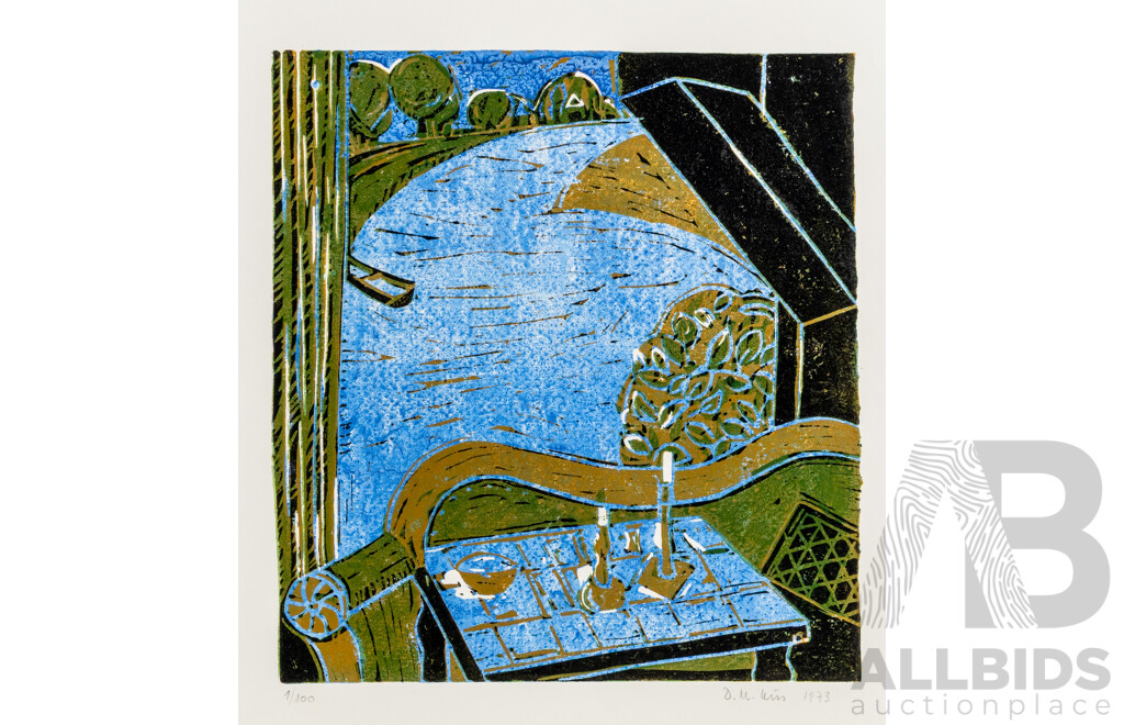 D. M. Kus, (20th Century, German), Blick Aus Dem Fenster [View Out Window] (1973), Original Vintage Colour Signed & Editioned Woodcut, 61 x 43 cm (sheet)