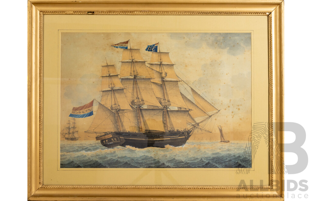 J. Moor, (19th Century), Ship Maria 30, Lovely Antique Original Pencil & Watercolour, 60 x 76 cm (frame)