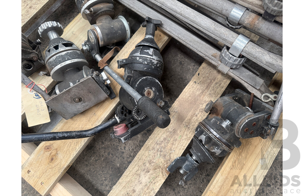 Pallet of 3x Wooden Tripod Legs 3x Older Tripod Heads + 6x Tripod Heads.