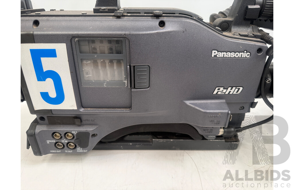 Panasonic P2HD Model AG HPX502EN WSP Canon Lens J15 X 1 X 2. View Finder. Base Plate.1 FS-BP-130 LI-Ion Battery. Carry Bag. 4 Way Quick Battery Charger.