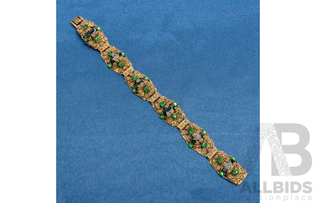 Gold Plated Brass Filigree Style Bracelet with Synthetic Green Gems, Mid Century - 19cms