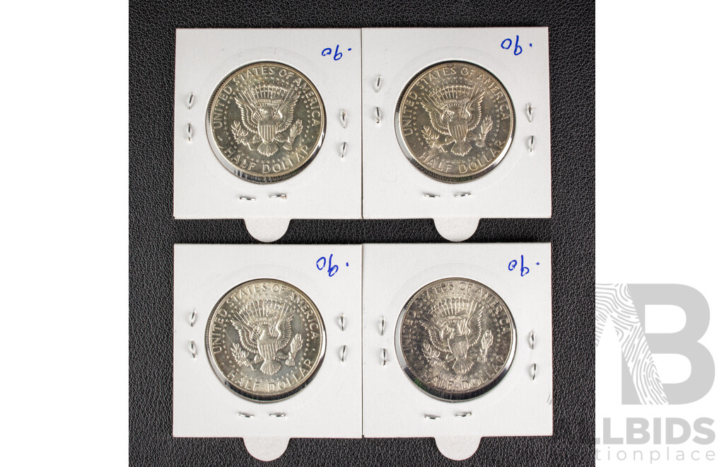 Four USA 1964 Kennedy Silver Half Dollars, Denver and Philadelphia Mint .900