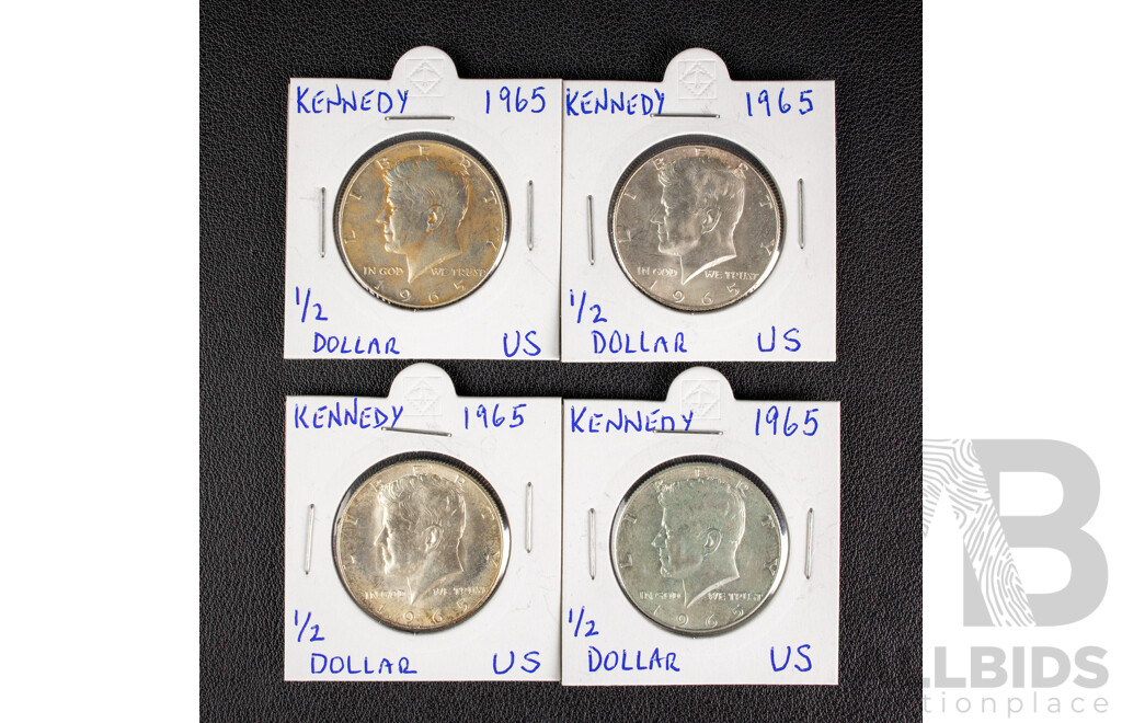Four USA 1965 Kennedy Silver Half Dollars, Philadelphia Mint .400