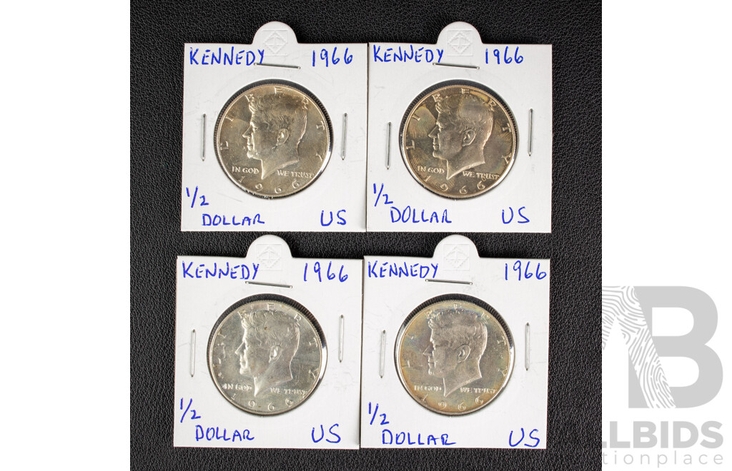 Four USA 1966 Kennedy Silver Half Dollars, Philadelphia Mint .400