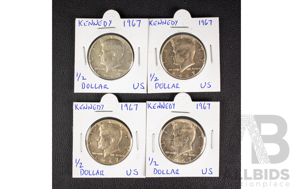 Four USA 1967 Kennedy Silver Half Dollars, Philadelphia Mint .400