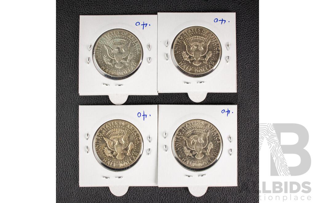 Four USA 1967 Kennedy Silver Half Dollars, Philadelphia Mint .400