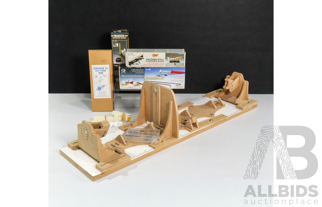 Assortment of Scale Model Ship Building Tools Including Adjustable Ship Hull Jig, Electric Plank Bender, Strip Clamp Hull Holder, Reeving and Spacing Tool, Fly Tying Vise