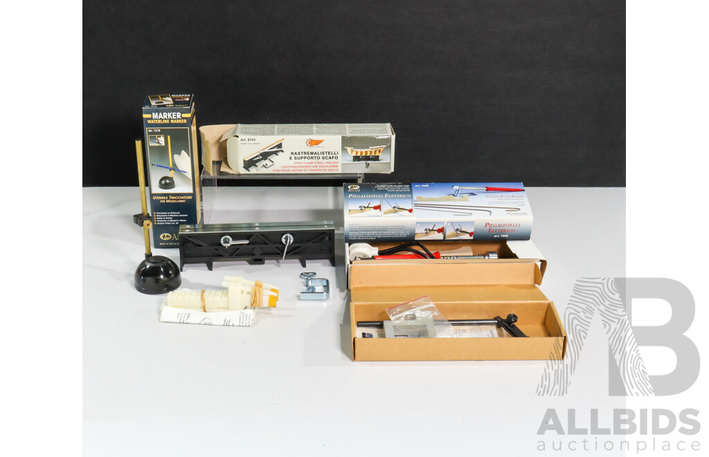 Assortment of Scale Model Ship Building Tools Including Adjustable Ship Hull Jig, Electric Plank Bender, Strip Clamp Hull Holder, Reeving and Spacing Tool, Fly Tying Vise