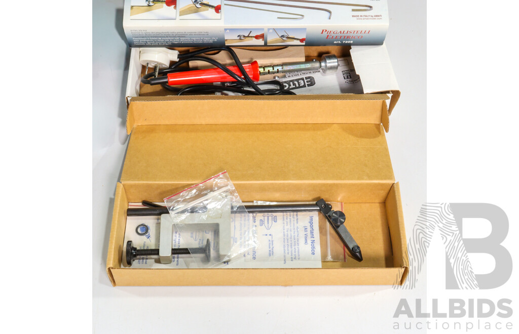 Assortment of Scale Model Ship Building Tools Including Adjustable Ship Hull Jig, Electric Plank Bender, Strip Clamp Hull Holder, Reeving and Spacing Tool, Fly Tying Vise