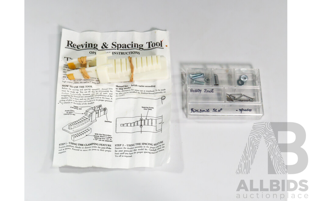 Assortment of Scale Model Ship Building Tools Including Adjustable Ship Hull Jig, Electric Plank Bender, Strip Clamp Hull Holder, Reeving and Spacing Tool, Fly Tying Vise