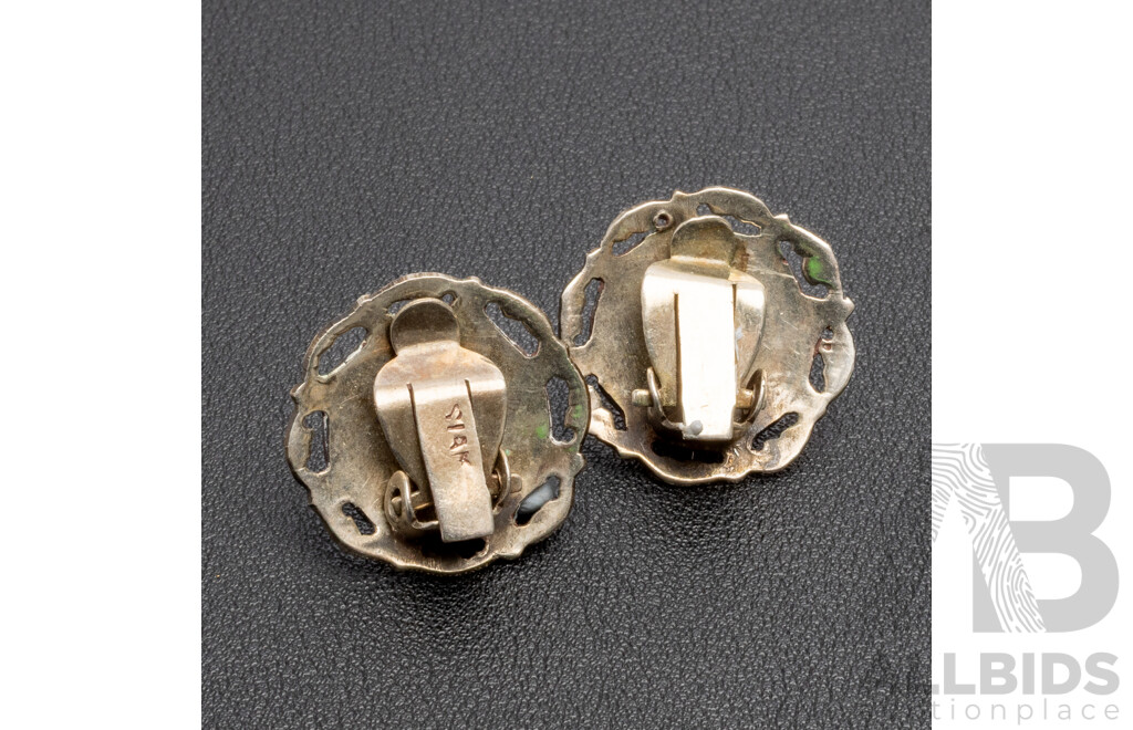 Vintage Sterling Silver And White Enamel Siam Pair Of Clip Earrings