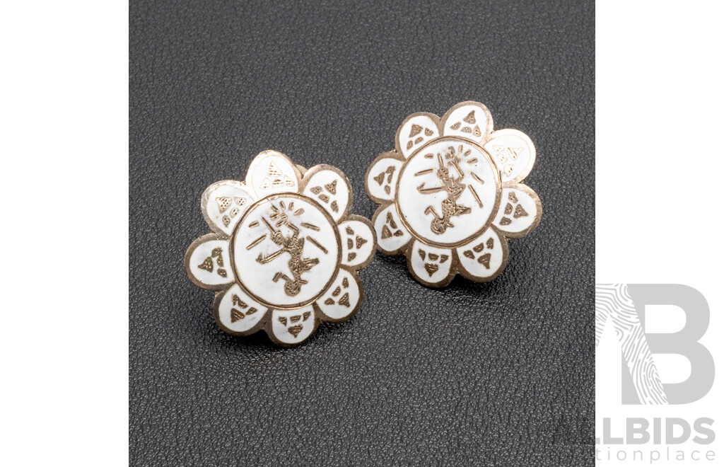 Vintage Sterling Silver And White Enamel Siam Pair Of Clip Earrings