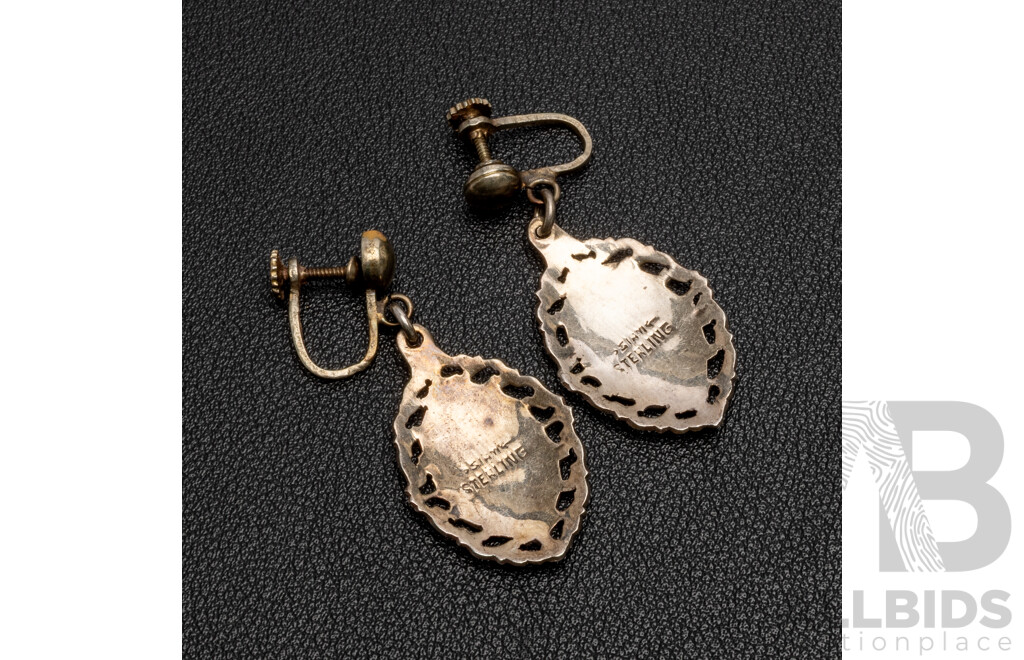 Vintage Sterling Silver And White Enamel Siam Pair Of Hanging Clip Earrings