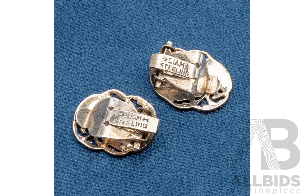 Sterling Silver and Blue Enamel Siam Pair of Clip on Earrings