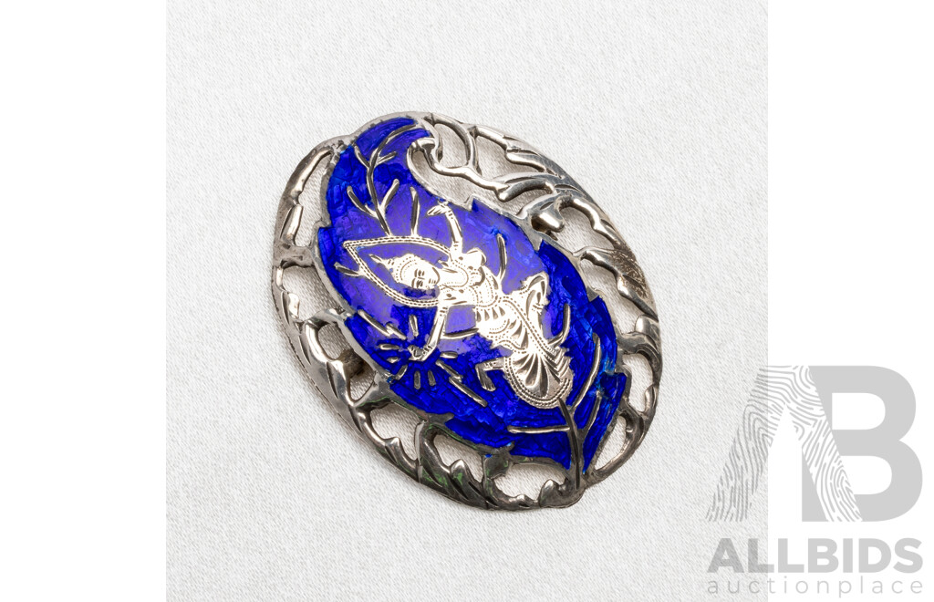 Sterling Silver and Blue Enamel Siam Brooch