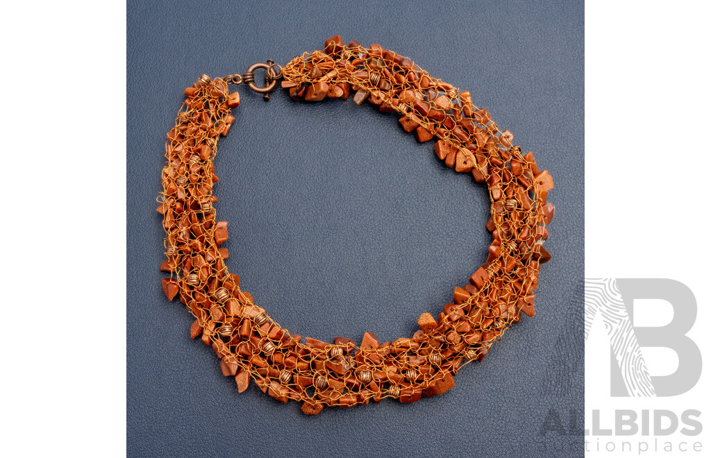 Brown Goldstone Choker Style Necklace with Copper Wire