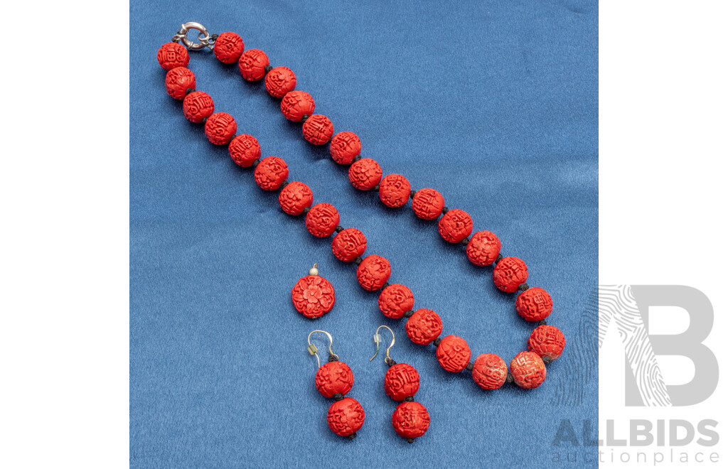 Cinnabar Bead Necklace with Matching Cinnabar Earring Pair and Pendant - Lot of 3