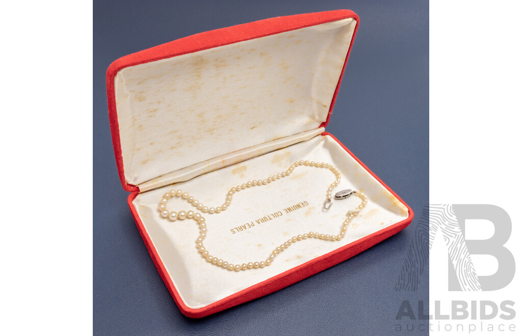 Tapered Strand of Natural Cultured Pearl Necklace, 9White Gold Hematite Clasp. Length - 43.5cms