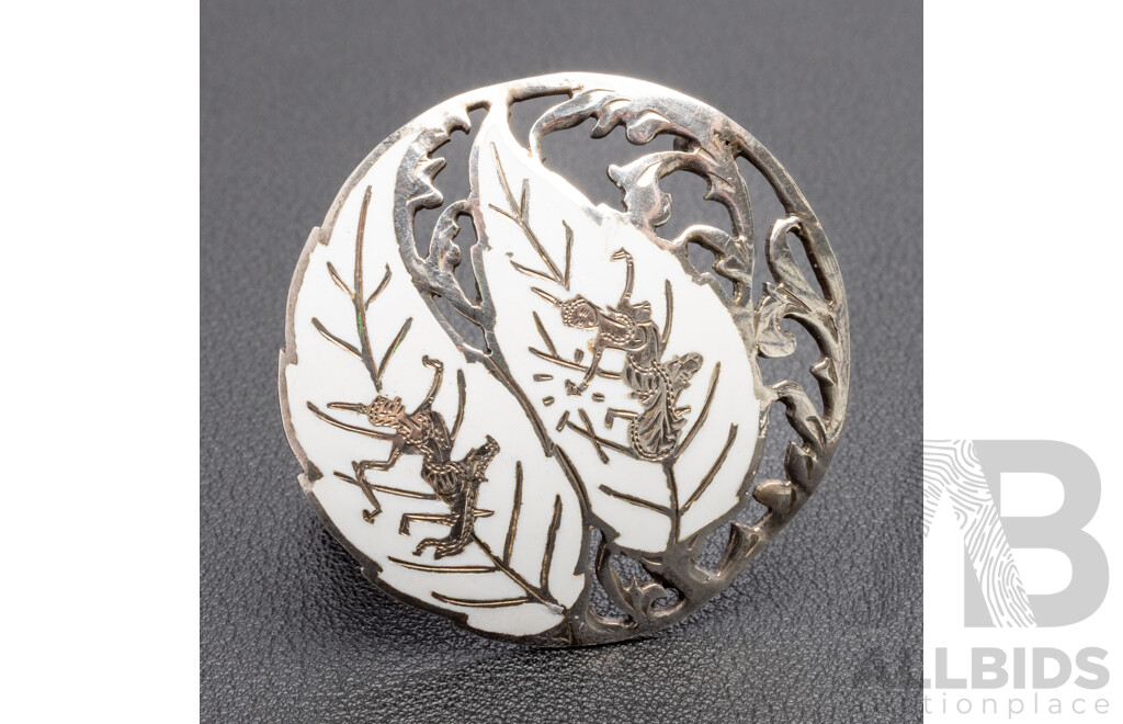Vintage Sterling Silver White Enamel Siam Brooch