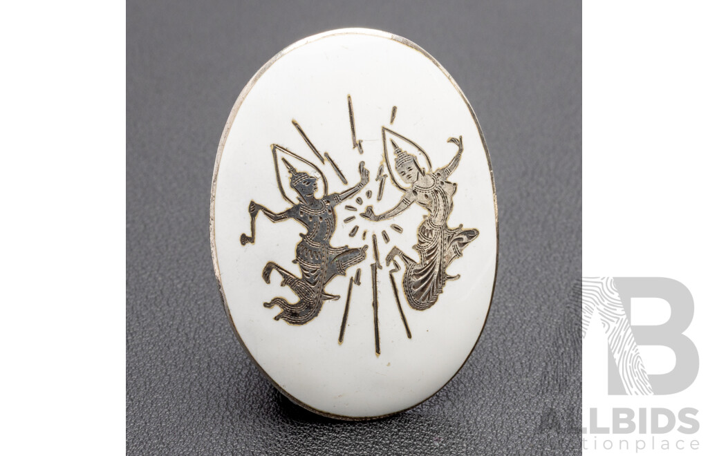 Vintage Sterling Silver And White Enamel Siam Oval Brooch